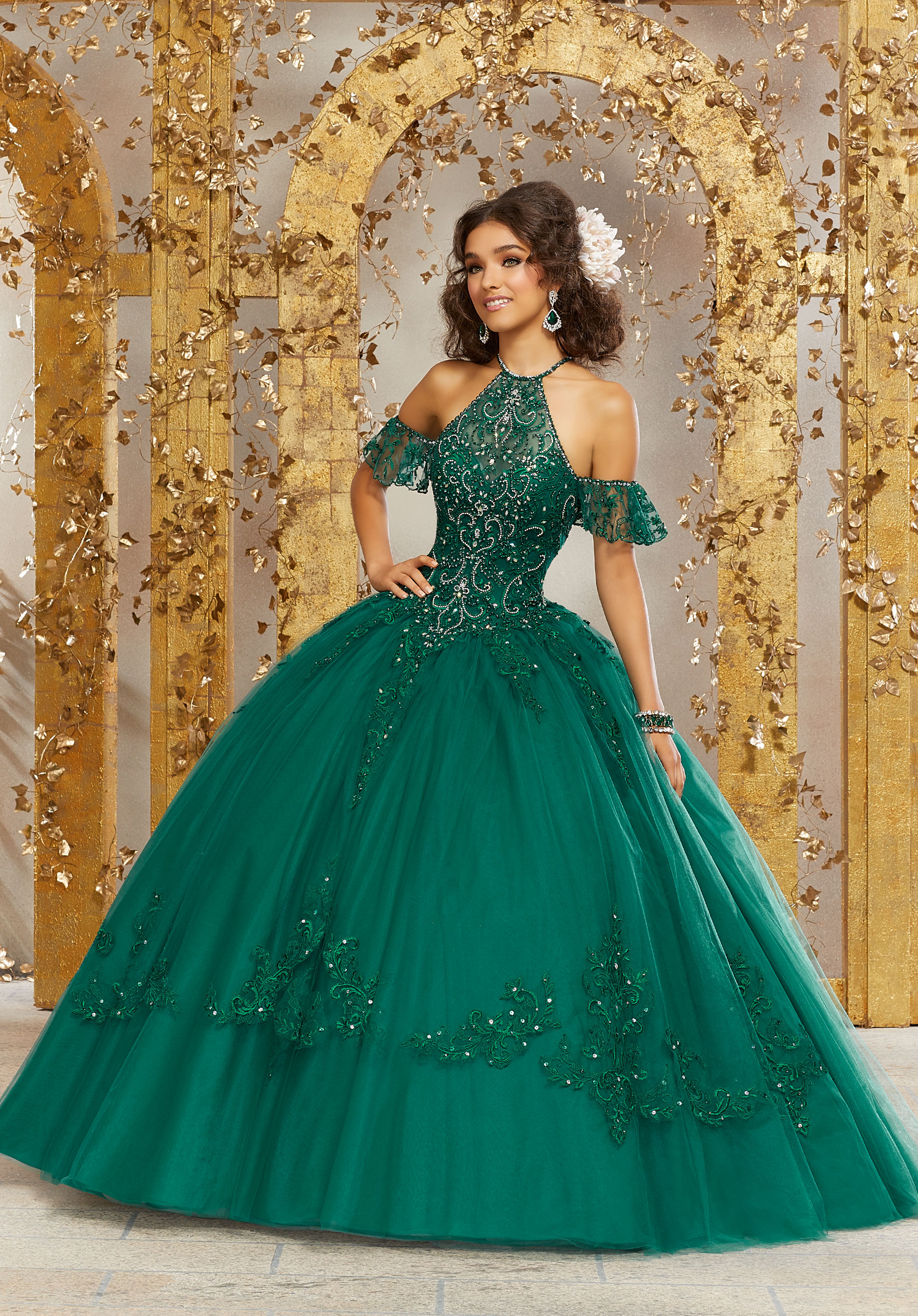 emerald green cold shoulder dress