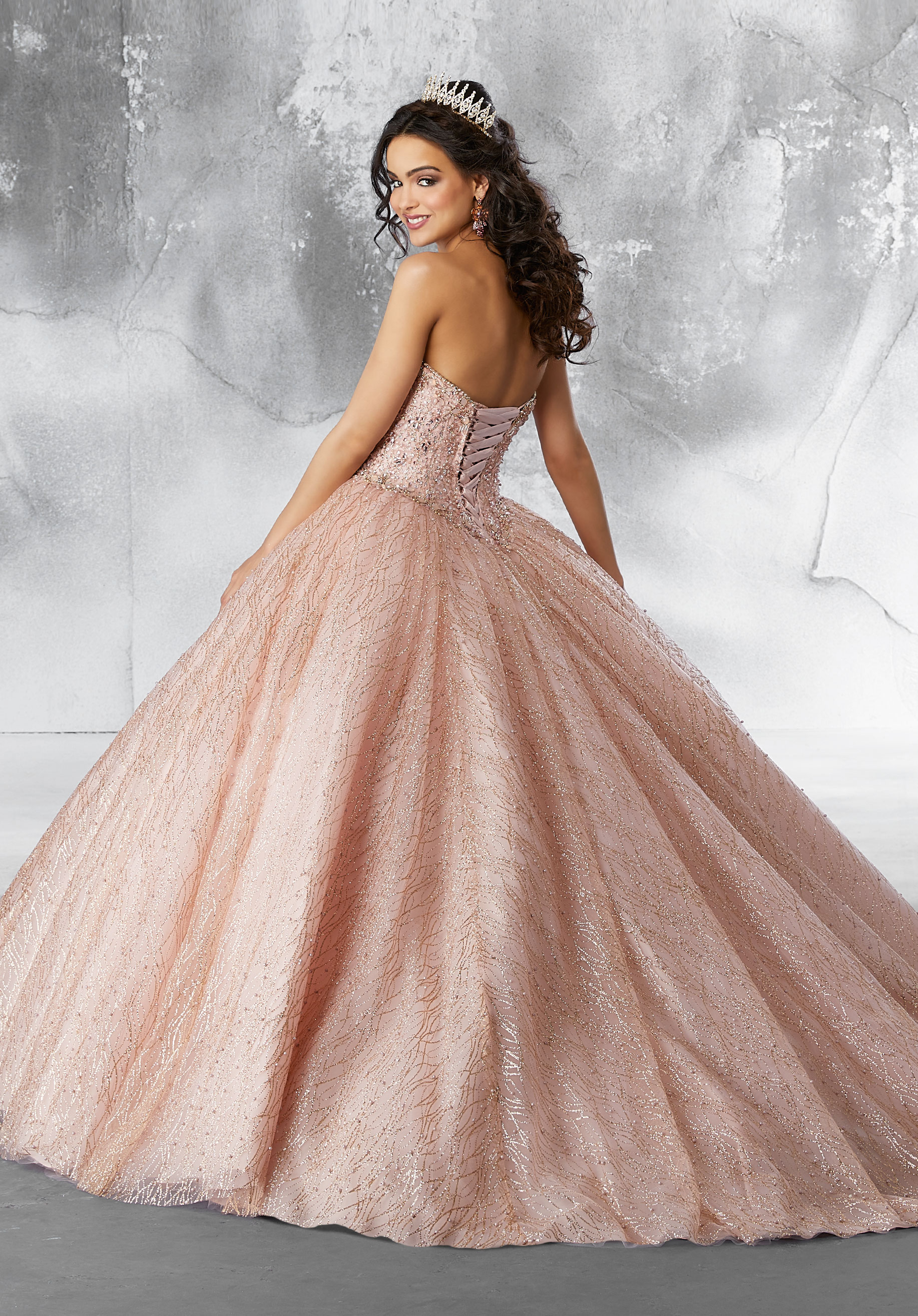rose gold glitter quinceanera dress